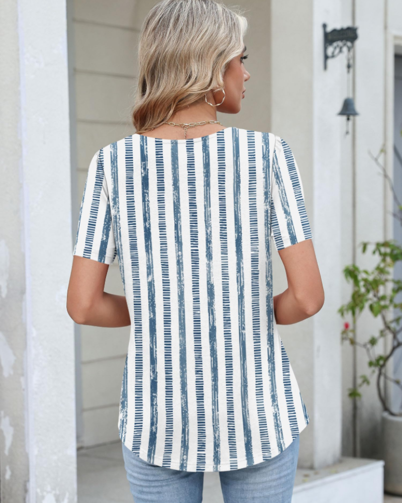 Adeline Women’s Asymmetrical Neck Top – Short Sleeve Button Detail Summer Blouse