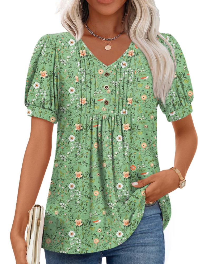 Ella Women’s Puff Sleeve Top – V-Neck Ruffle Button Pleated Summer Blouse