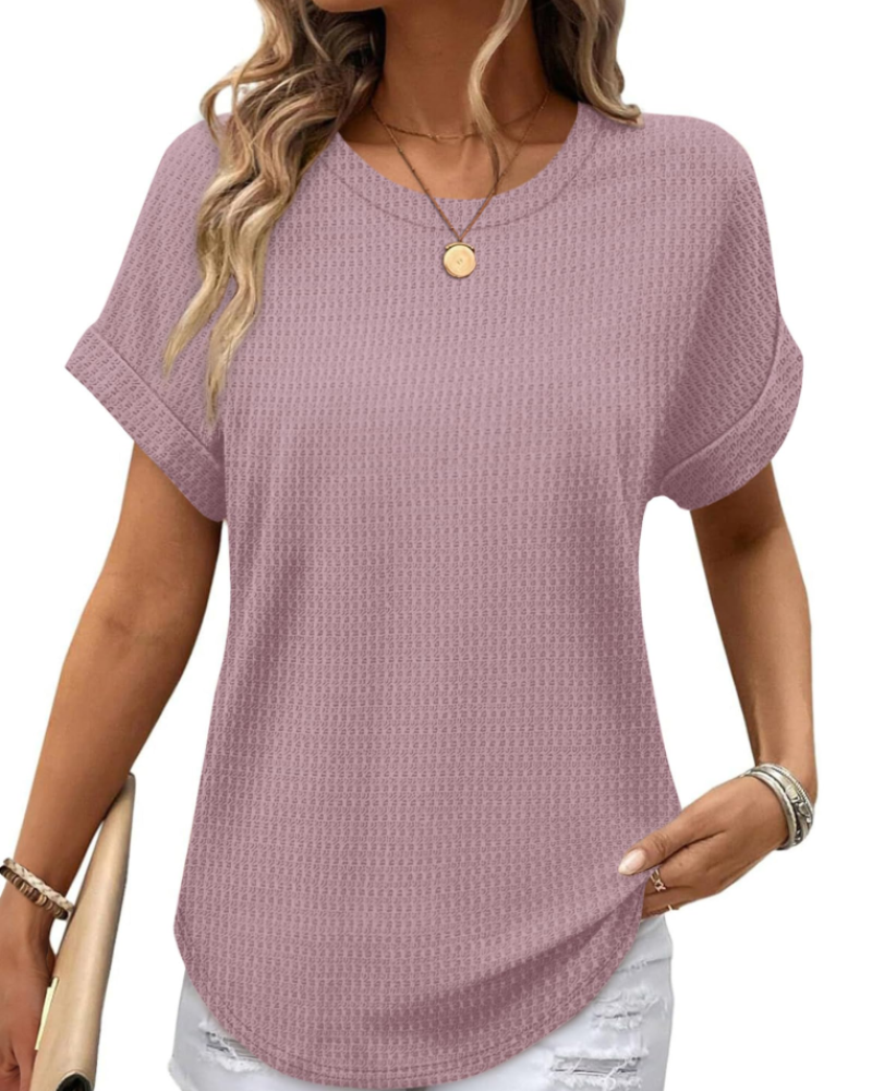 Hannah Women’s Waffle Knit Top – Short Sleeve Round Neck Color Block Shirt