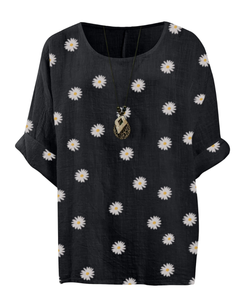 Anika Women’s Cotton Tunic Top – Daisy Print 3/4 Sleeve Lagenlook Blouse
