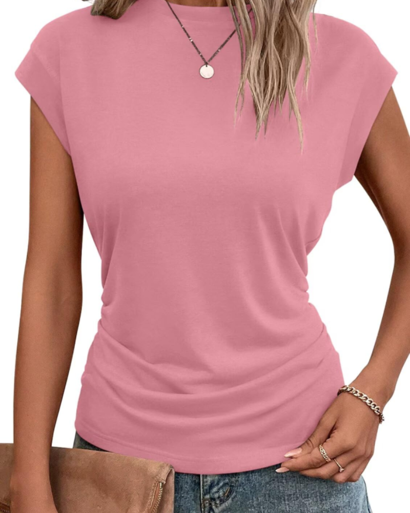 Charlotte Women’s Cap Sleeve Top – Pleated Round Neck Summer T-Shirt