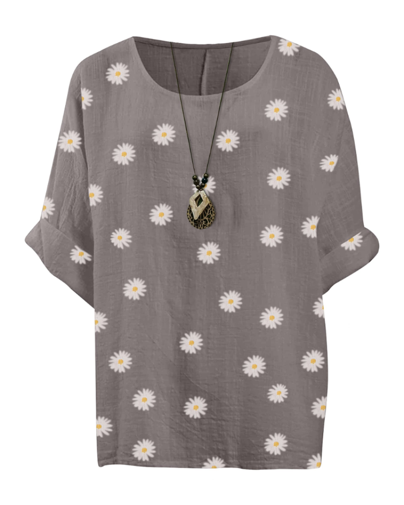 Anika Women’s Cotton Tunic Top – Daisy Print 3/4 Sleeve Lagenlook Blouse