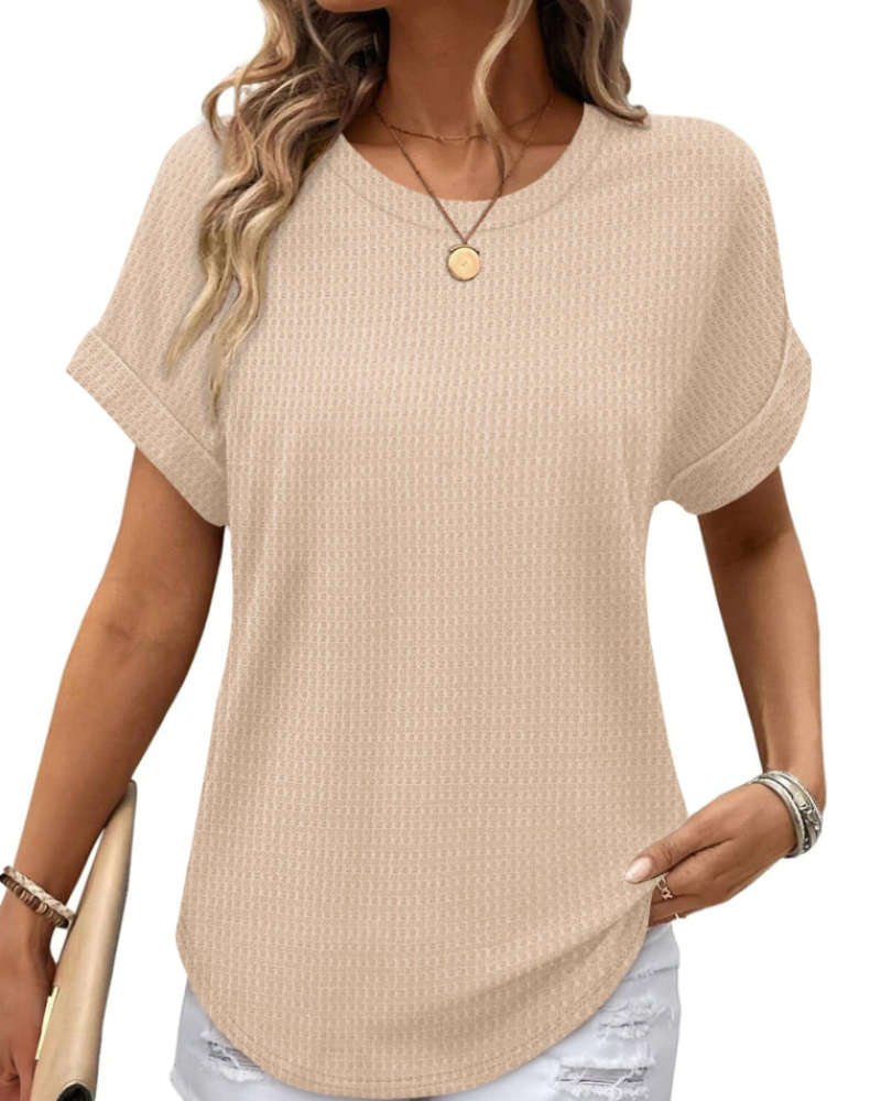 Hannah Women’s Waffle Knit Top – Short Sleeve Round Neck Color Block Shirt