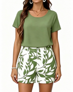 Chloe Women’s 2-Piece Summer Set – Leaf Print Round Neck Short Sleeve Top & Shorts