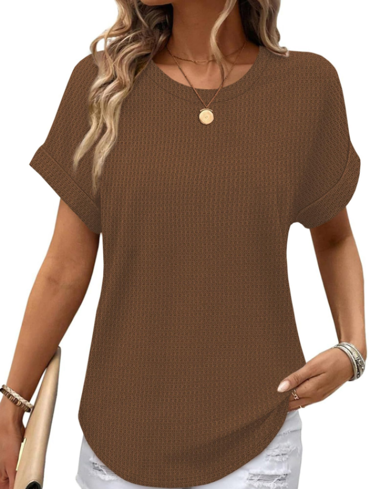 Hannah Women’s Waffle Knit Top – Short Sleeve Round Neck Color Block Shirt