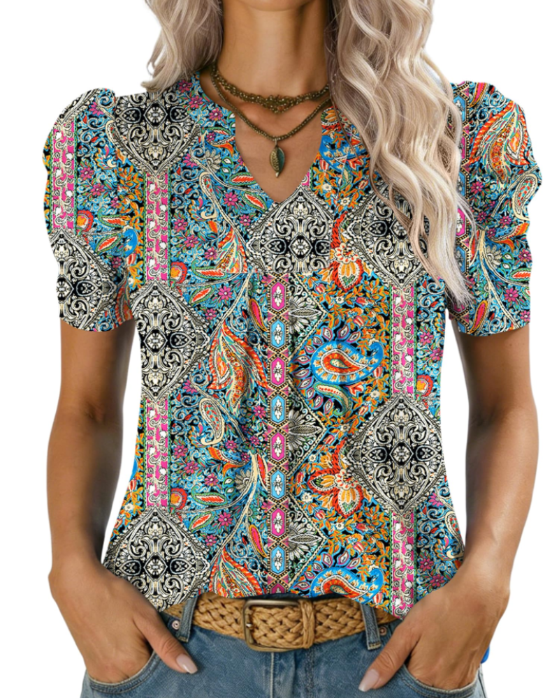 Margot Women’s Puff Sleeve Top – V-Neck Short Sleeve WoArk A