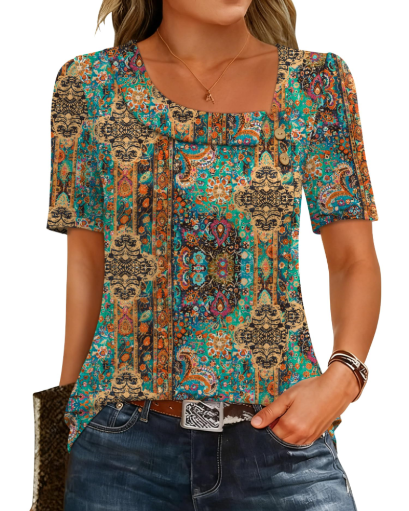 Adeline Women’s Asymmetrical Neck Top – Short Sleeve Button Detail Summer Blouse