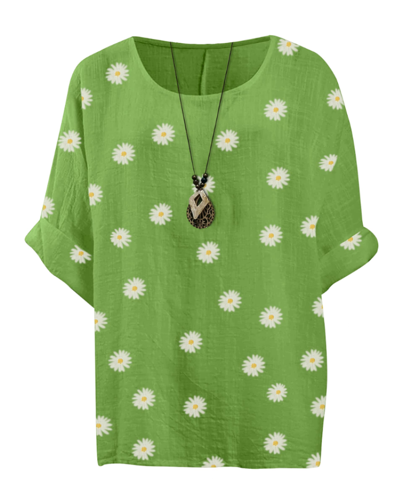 Anika Women’s Cotton Tunic Top – Daisy Print 3/4 Sleeve Lagenlook Blouse