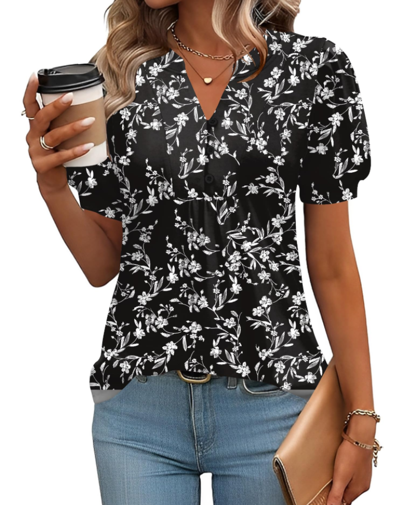 Scarlett Women’s V-Neck Tunic Top – Puff Sleeve Button Pleated Summer Blouse
