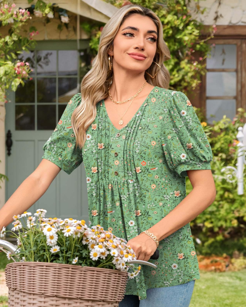 Ella Women’s Puff Sleeve Top – V-Neck Ruffle Button Pleated Summer Blouse