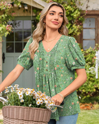 Ella Women’s Puff Sleeve Top – V-Neck Ruffle Button Pleated Summer Blouse