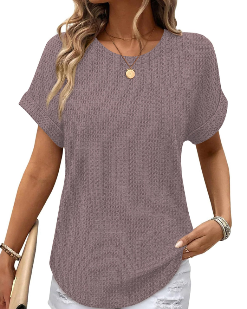 Hannah Women’s Waffle Knit Top – Short Sleeve Round Neck Color Block Shirt