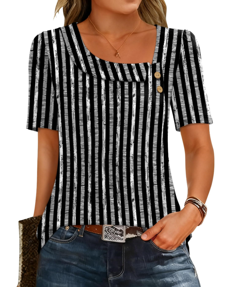 Adeline Women’s Asymmetrical Neck Top – Short Sleeve Button Detail Summer Blouse
