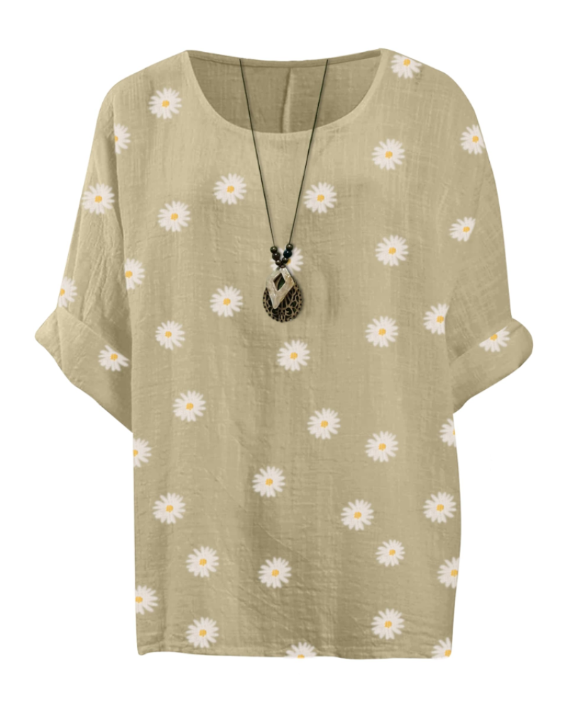 Anika Women’s Cotton Tunic Top – Daisy Print 3/4 Sleeve Lagenlook Blouse