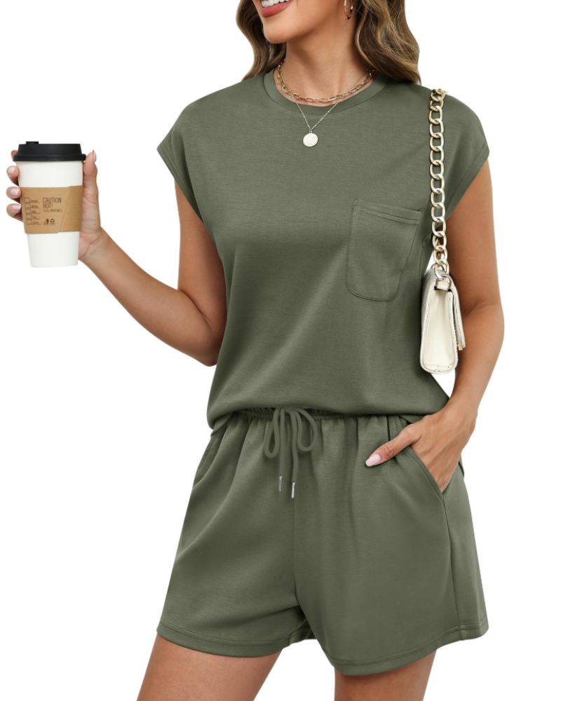 Leona Women’s Two-Piece Lounge Set – Cap Sleeve Top & Drawstring Shorts