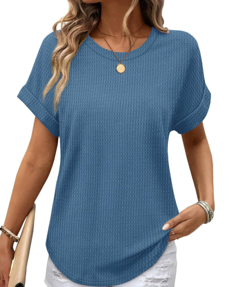 Hannah Women’s Waffle Knit Top – Short Sleeve Round Neck Color Block Shirt