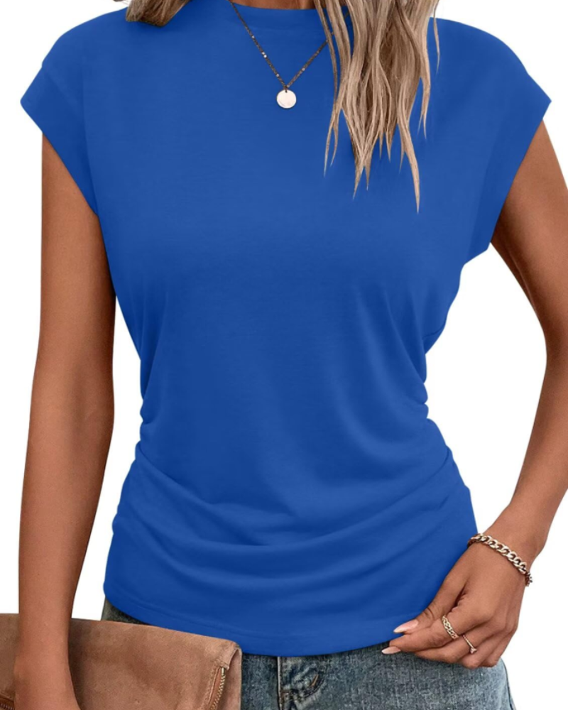 Charlotte Women’s Cap Sleeve Top – Pleated Round Neck Summer T-Shirt