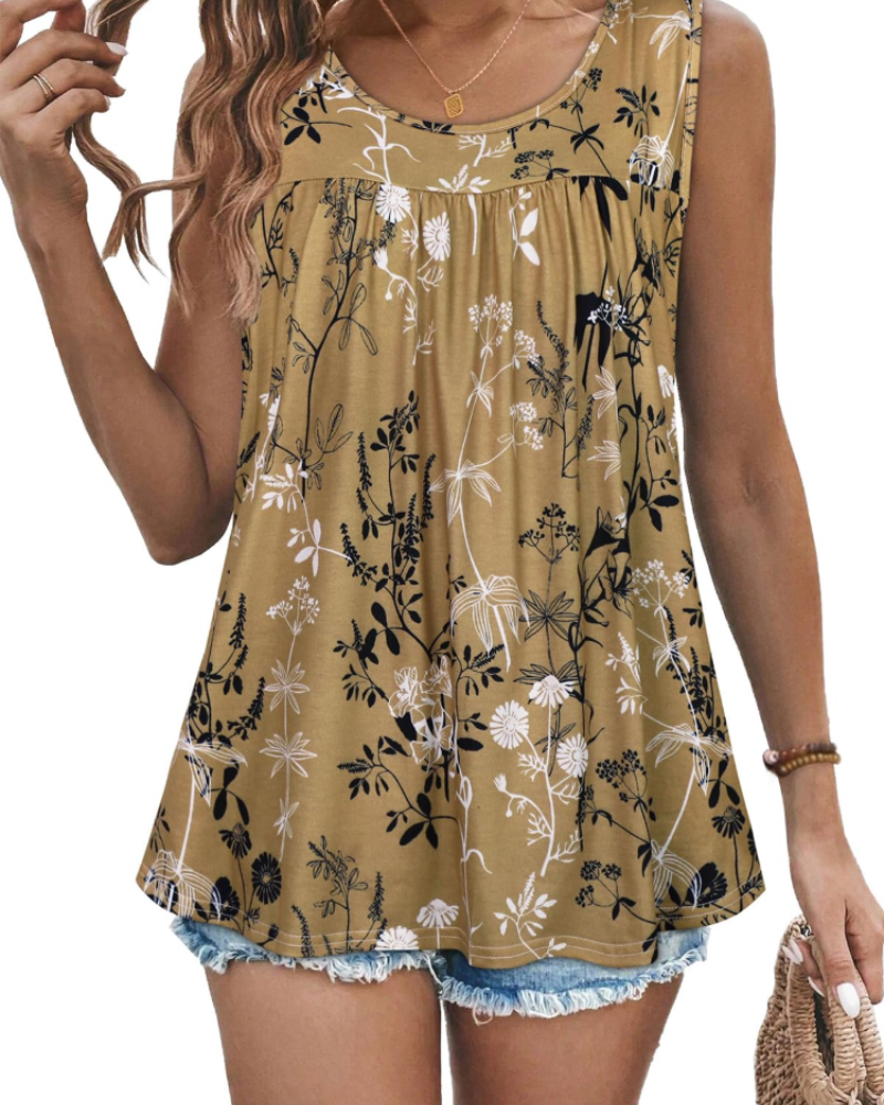 Clara Women’s Pleated Tank Top – Crew Neck Floral Sleeveless Tunic Blouse