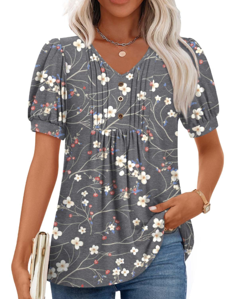 Ella Women’s Puff Sleeve Top – V-Neck Ruffle Button Pleated Summer Blouse