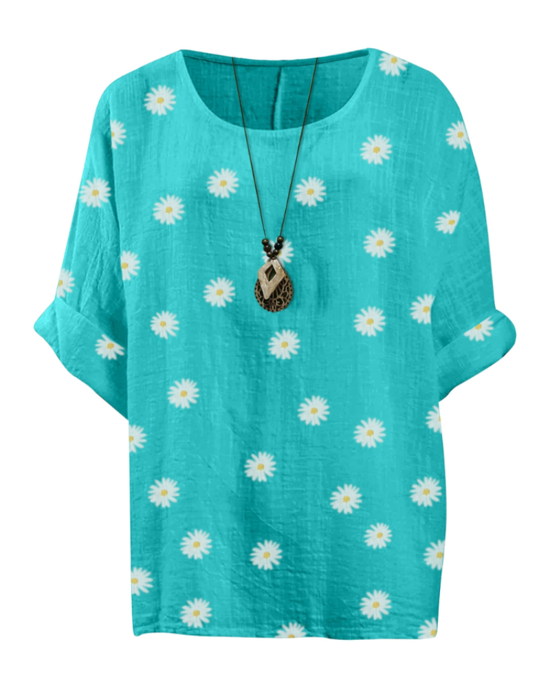Anika Women’s Cotton Tunic Top – Daisy Print 3/4 Sleeve Lagenlook Blouse