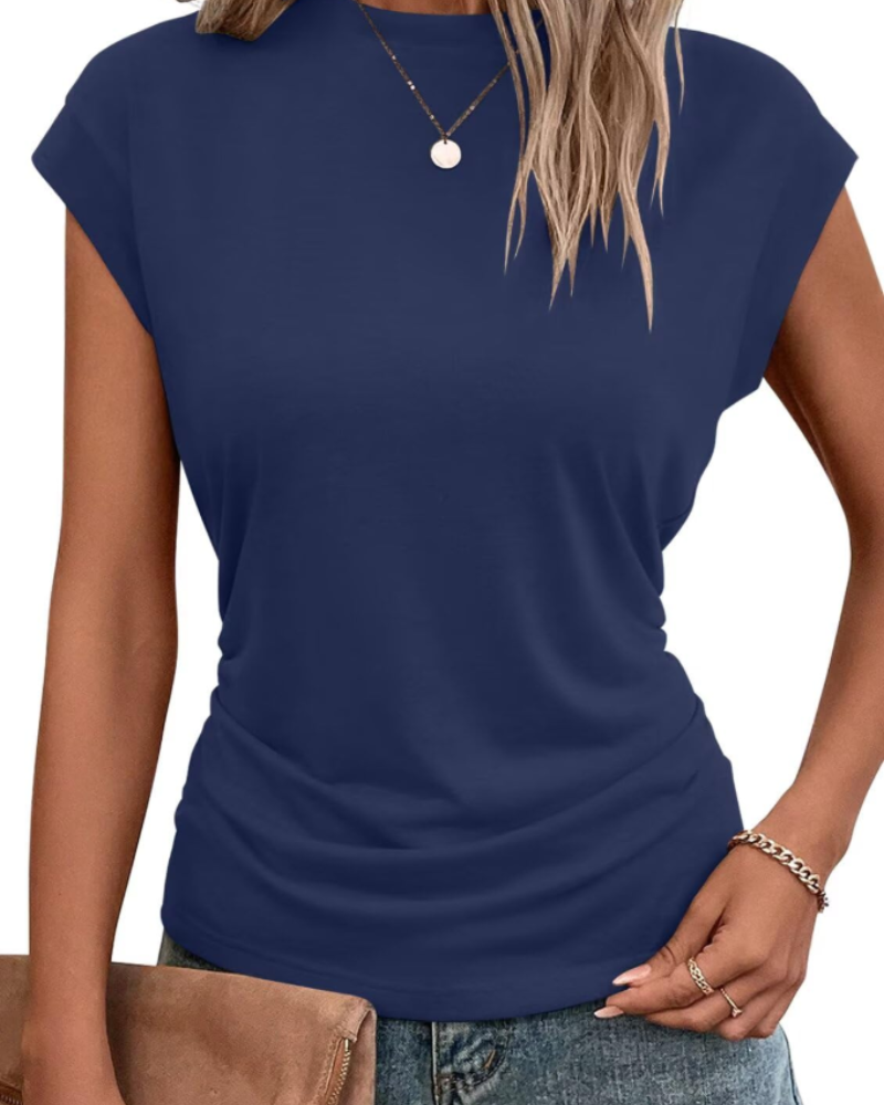 Charlotte Women’s Cap Sleeve Top – Pleated Round Neck Summer T-Shirt