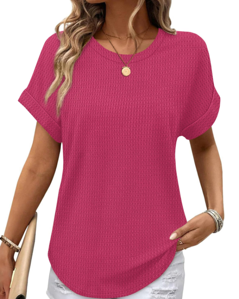 Hannah Women’s Waffle Knit Top – Short Sleeve Round Neck Color Block Shirt