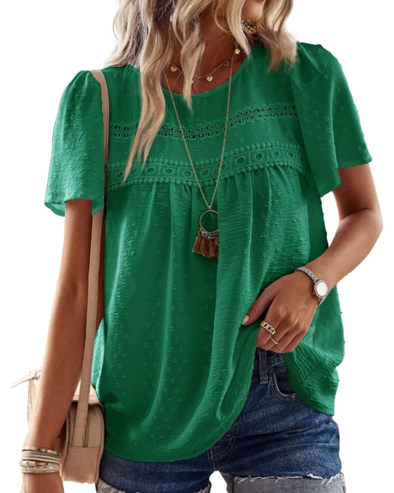 Talia Women’s Crochet Lace Boho Top – Crew Neck Short Sleeve Swiss Dot Blouse