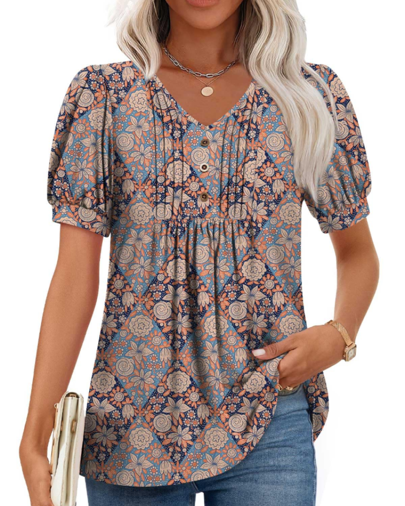 Ella Women’s Puff Sleeve Top – V-Neck Ruffle Button Pleated Summer Blouse