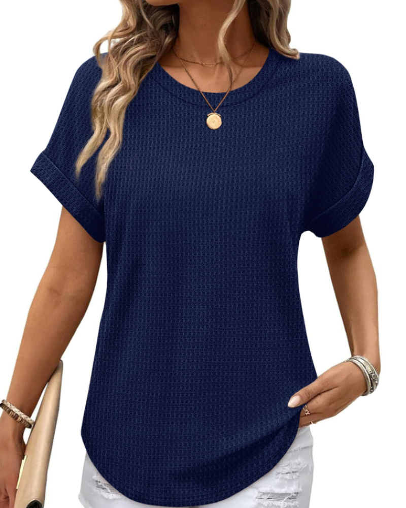Hannah Women’s Waffle Knit Top – Short Sleeve Round Neck Color Block Shirt