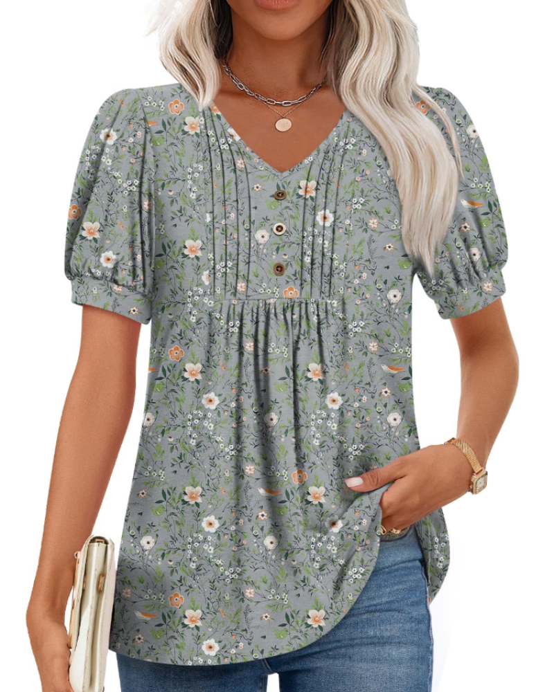 Ella Women’s Puff Sleeve Top – V-Neck Ruffle Button Pleated Summer Blouse