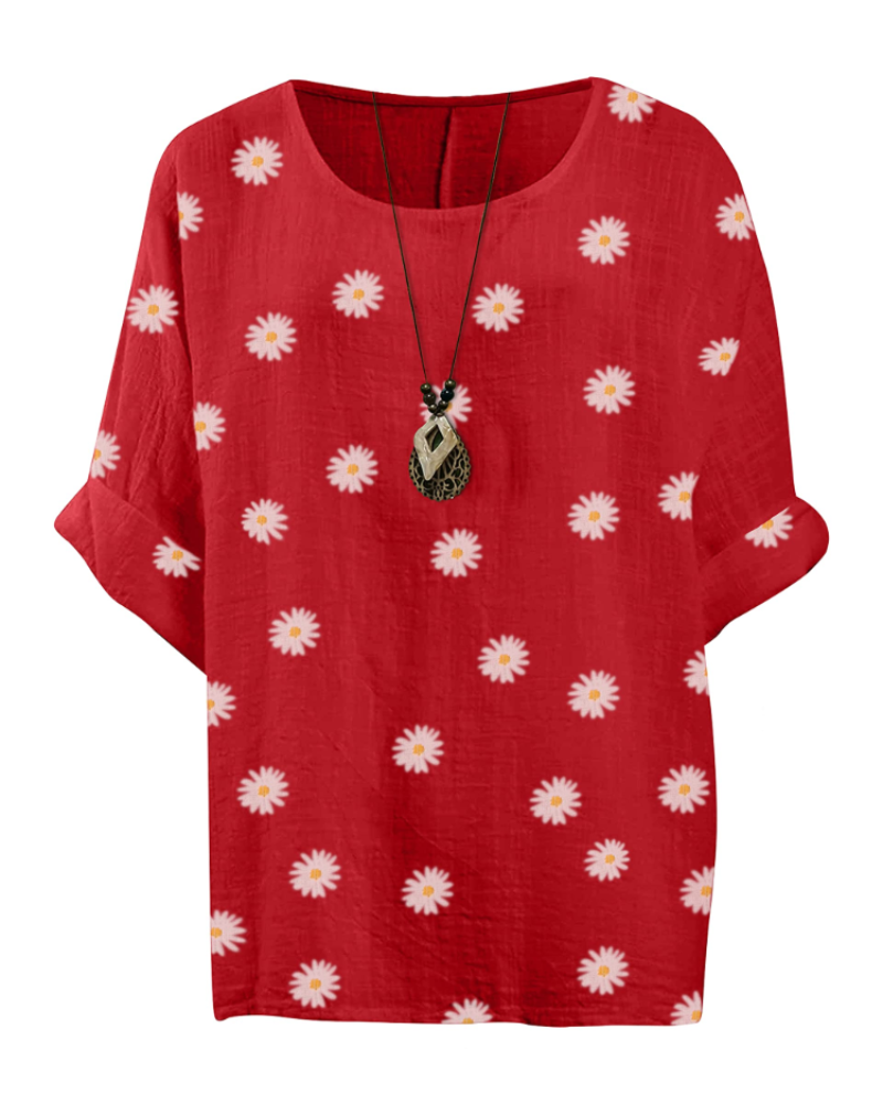 Anika Women’s Cotton Tunic Top – Daisy Print 3/4 Sleeve Lagenlook Blouse