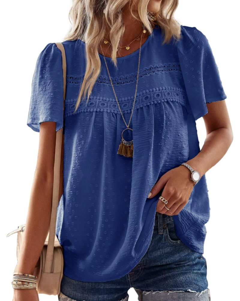 Talia Women’s Crochet Lace Boho Top – Crew Neck Short Sleeve Swiss Dot Blouse