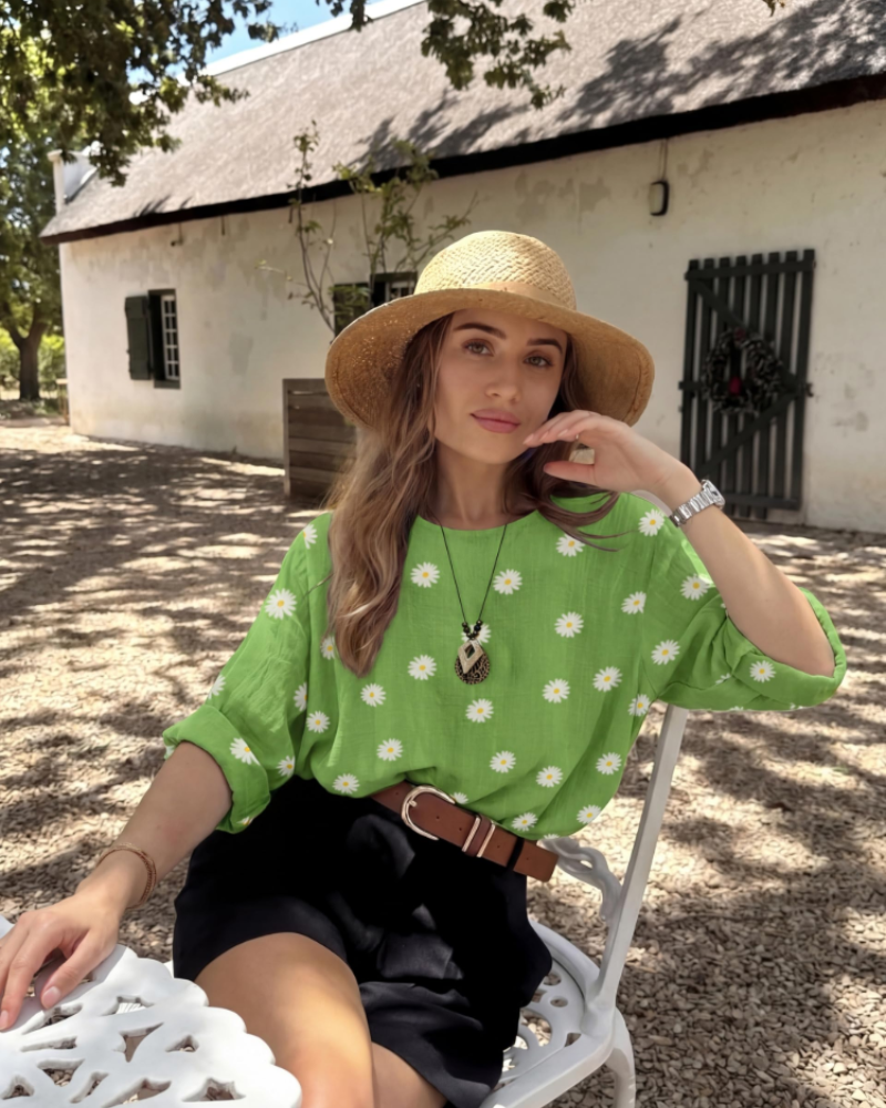 Anika Women’s Cotton Tunic Top – Daisy Print 3/4 Sleeve Lagenlook Blouse