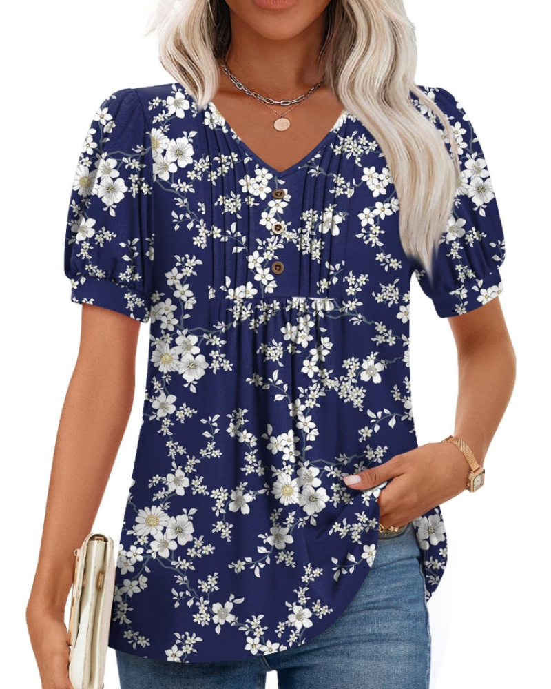 Ella Women’s Puff Sleeve Top – V-Neck Ruffle Button Pleated Summer Blouse