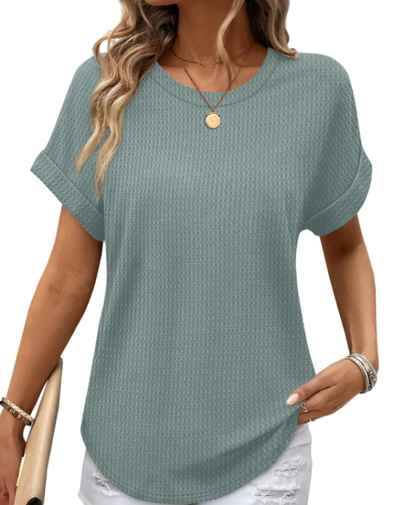 Hannah Women’s Waffle Knit Top – Short Sleeve Round Neck Color Block Shirt