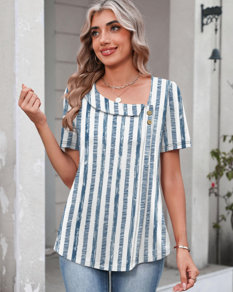 Adeline Women’s Asymmetrical Neck Top – Short Sleeve Button Detail Summer Blouse