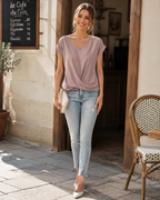Yasmine Women’s V-Neck Top – Elegant Knot Front Blouse with Flattering Draped Fit