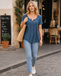 Sophia Women's V-Neck Tunic Top – Button Detail Short Sleeve Blouse for Work