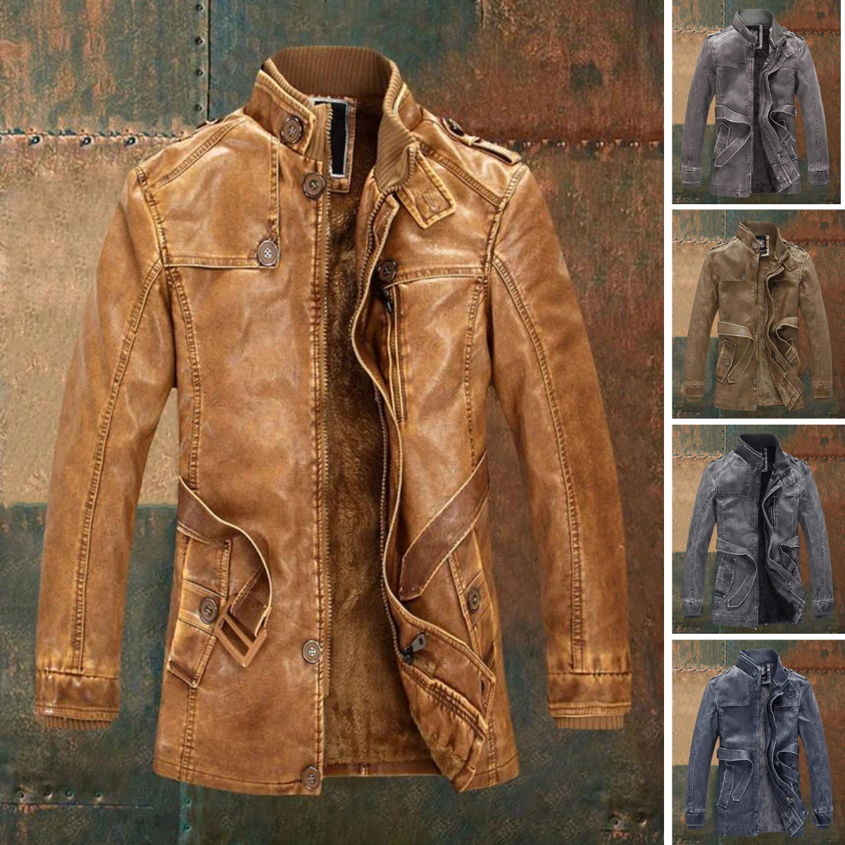 Shon Men’s Vintage Leather Jacket – Classic Button Detail & Warm Lined Zip Coat