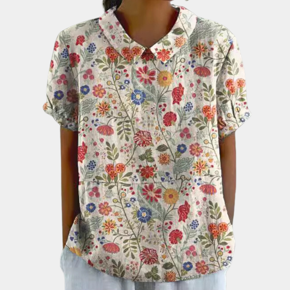 Bruna Women's Floral Blouse – Short Sleeve Crew Neck Casual Chic Top