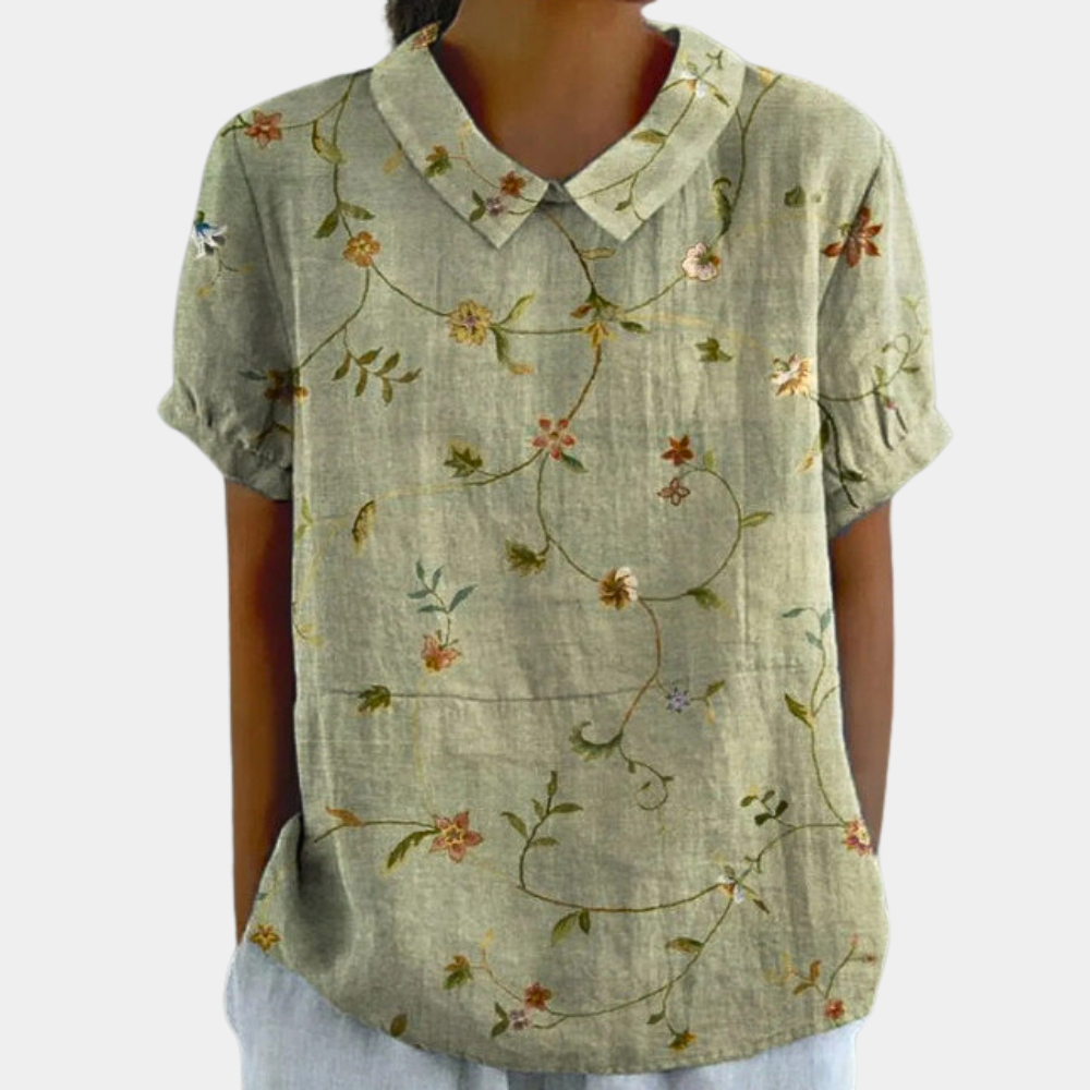 Bruna Women's Floral Blouse – Short Sleeve Crew Neck Casual Chic Top