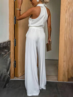 Aliya Women’s Wide Leg Jumpsuit – Sleeveless Shirt Collar Romper with Pockets