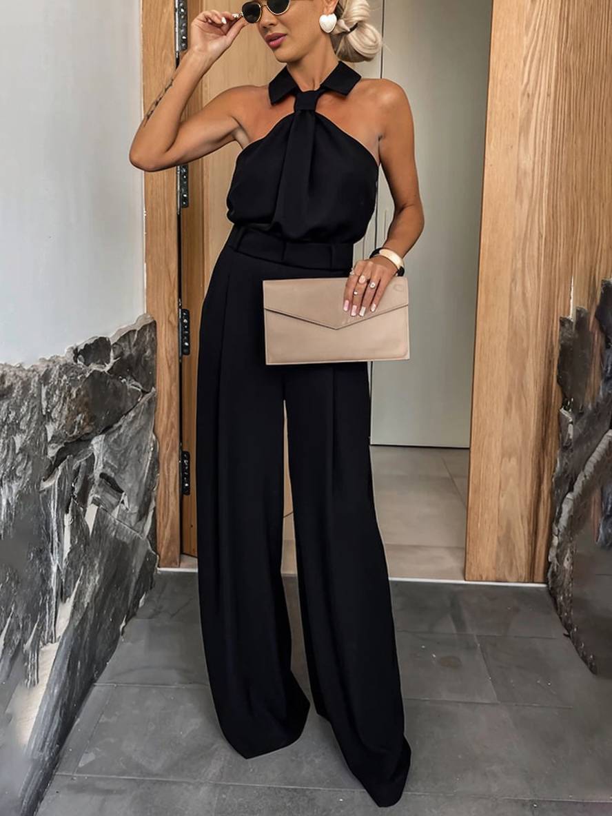 Aliya Women’s Wide Leg Jumpsuit – Sleeveless Shirt Collar Romper with Pockets