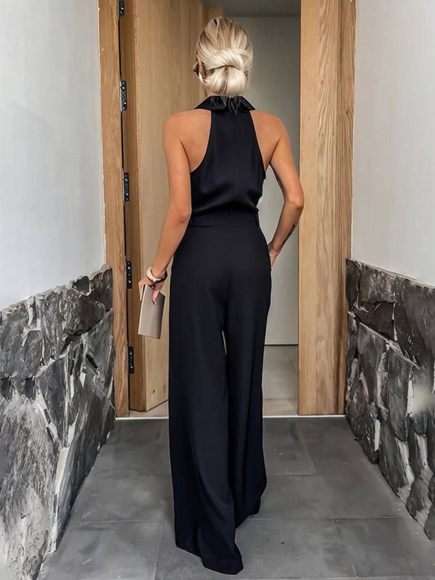 Aliya Women’s Wide Leg Jumpsuit – Sleeveless Shirt Collar Romper with Pockets