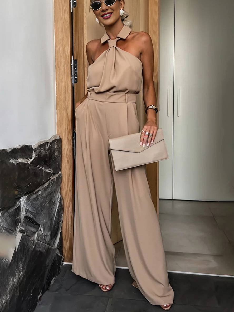 Aliya Women’s Wide Leg Jumpsuit – Sleeveless Shirt Collar Romper with Pockets