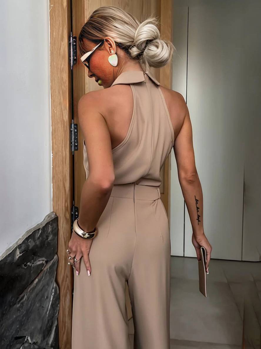 Aliya Women’s Wide Leg Jumpsuit – Sleeveless Shirt Collar Romper with Pockets