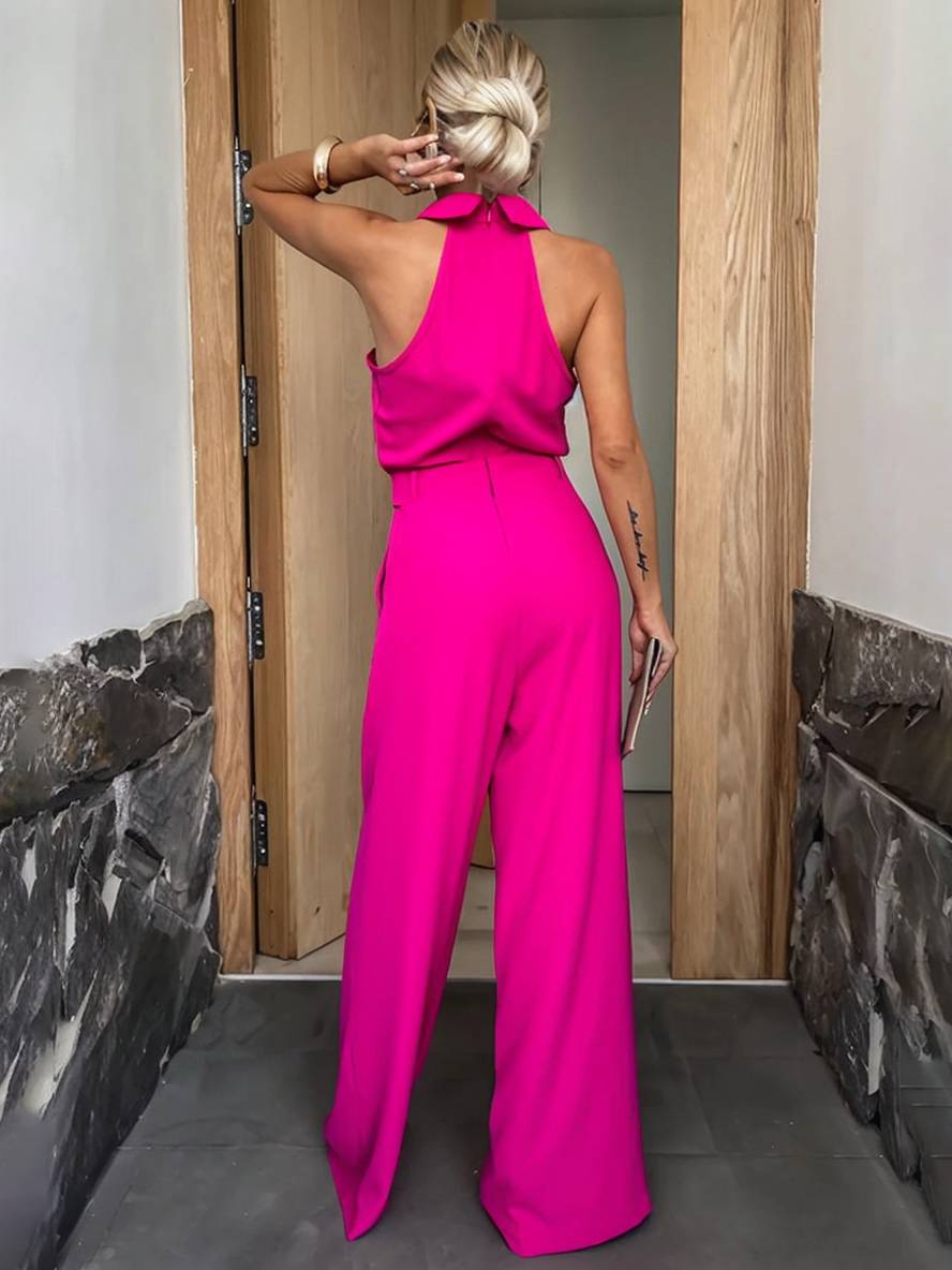 Aliya Women’s Wide Leg Jumpsuit – Sleeveless Shirt Collar Romper with Pockets