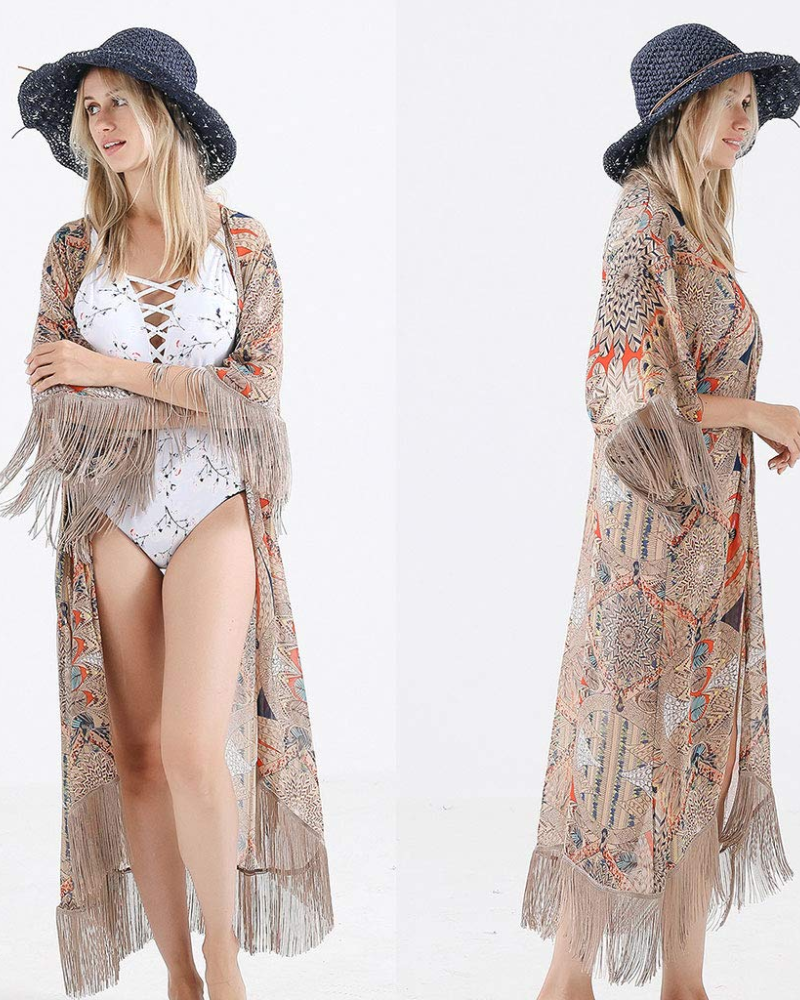Valerie Women’s Boho Kimono – Sheer Chiffon Beach Cover-Up with Fringe