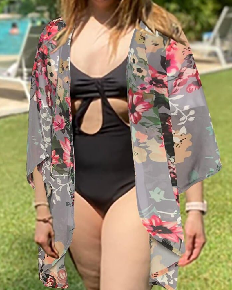 Lily Women’s Chiffon Kimono Cardigan – Floral Open Front Beach Cover Up