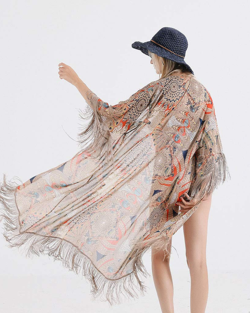 Valerie Women’s Boho Kimono – Sheer Chiffon Beach Cover-Up with Fringe